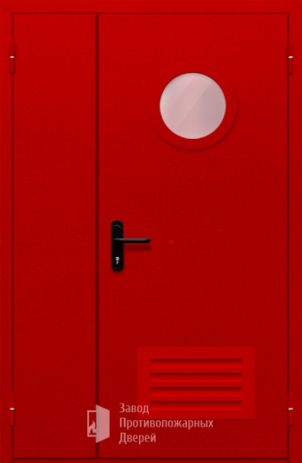 Фото двери «Полуторная с круглым стеклом и решеткой (красная)» в Голицыно