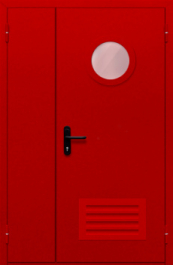 Фото двери «Полуторная с круглым стеклом и решеткой (красная)» в Голицыно